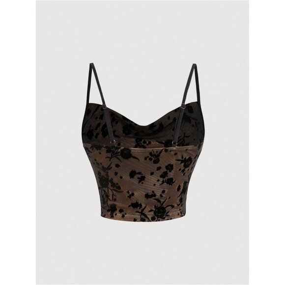 Women's Floral Mesh Cowl Neck Cami Top Mesh Cropped Spaghetti Straps - Picture 2 of 5